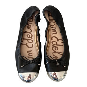Sam Edelman Felicia Black Leather Silver Capped Toe Ballet Flats Size 7.5